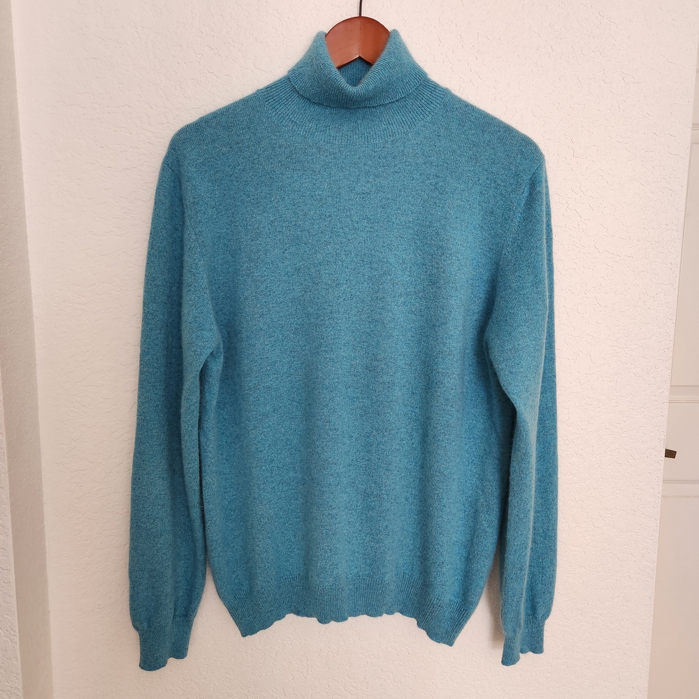 McDuff 100% Cashmere Elegant Teal Turtleneck Sweater, Finest Cashmere Yarns - Picture 2 of 7